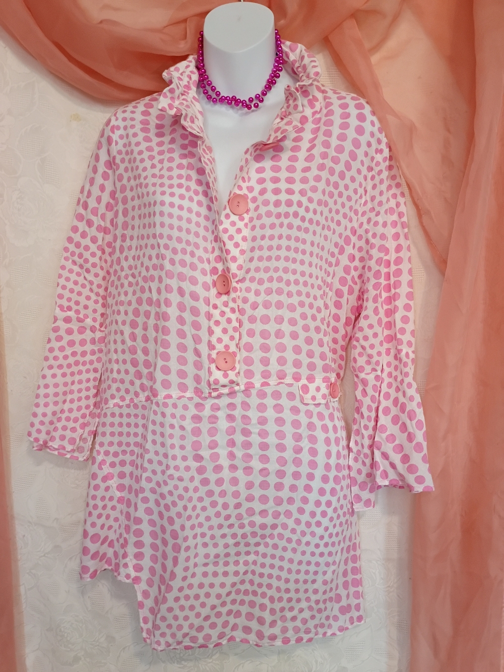 Pink Polka Dot Ruffled Collar Tunic Top